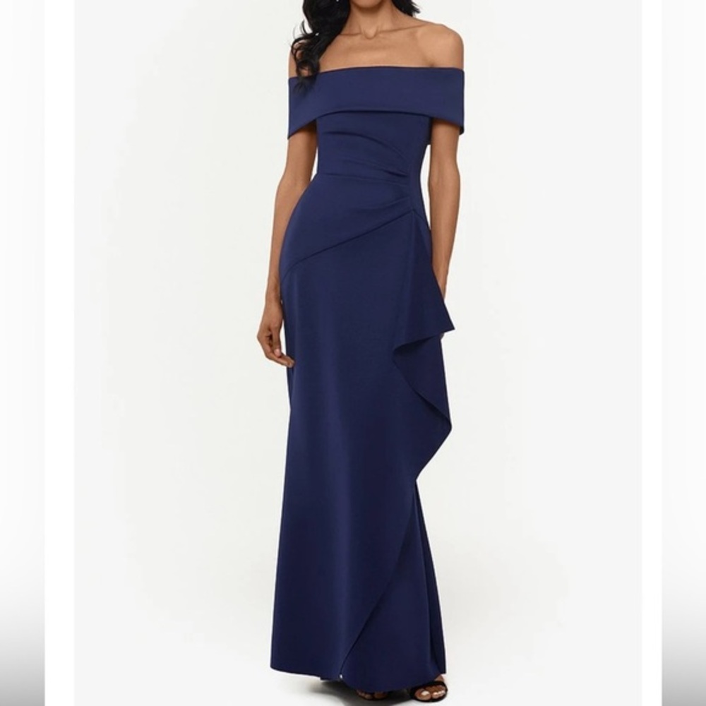 XSCAPE Scuba Dress Off the Shoulder Size 12 Ruched Cascading Ruffle Navy NWT